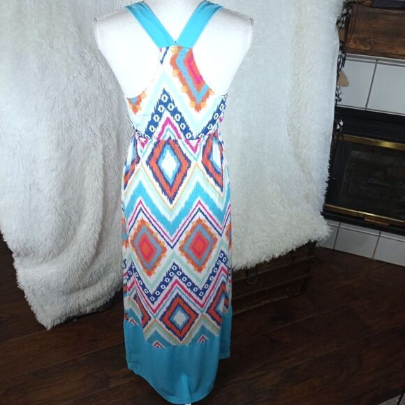 JUST ME TURQUOISE PINK, ORANGE, WHITE, & BLUE MAXI DRESS SZ.S EUC - Picture 6 of 9